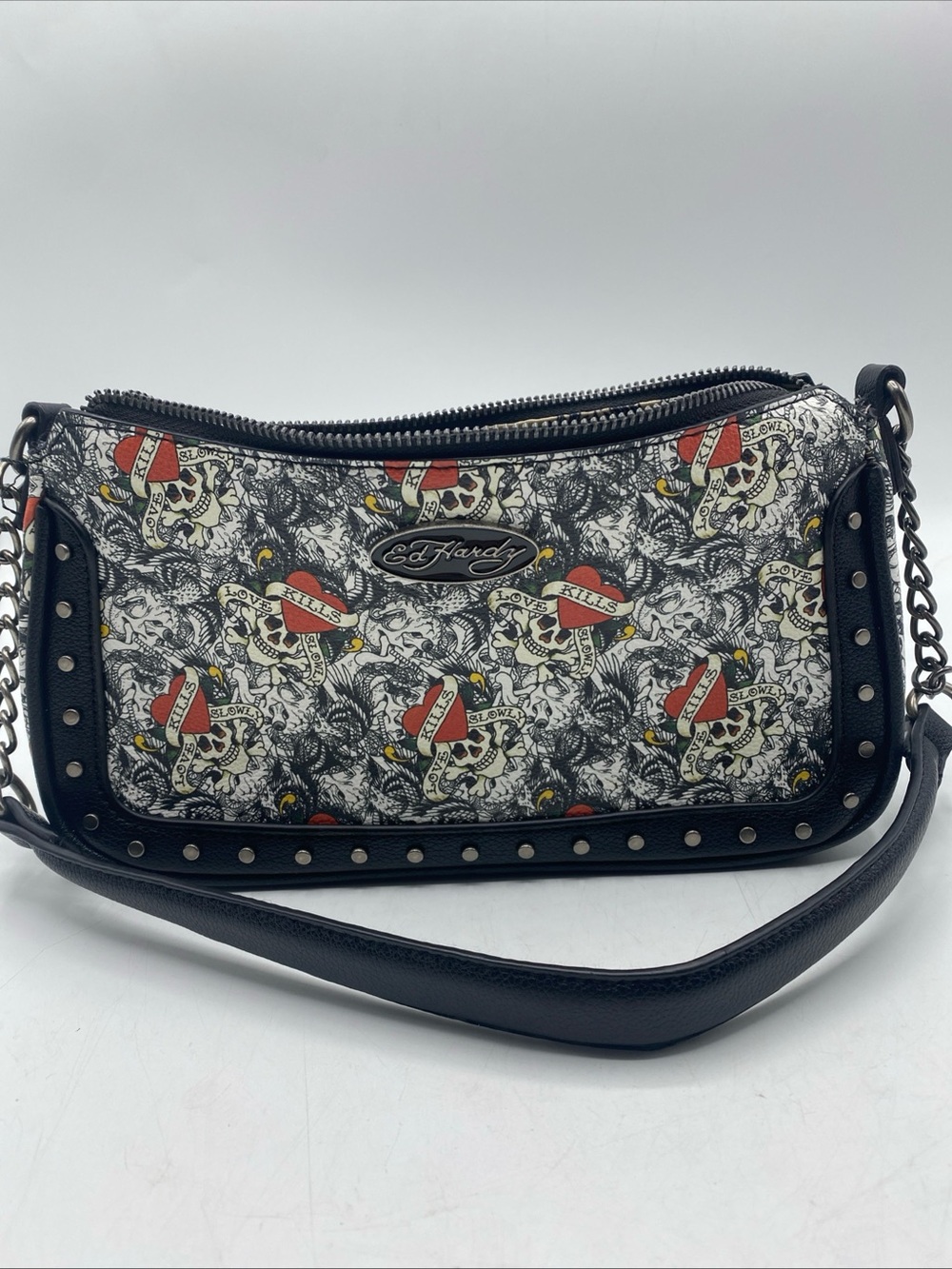 Ed Hardy Shoulder Bag Black Love Kills Slowly Studded Purse Grunge Goth Chains